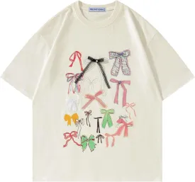 Aelfric Eden Bow Shirt for Women Oversized Graphic Tees Y2K Cute Print Short Sleeve T-Shirt Casual Summer Cotton Top