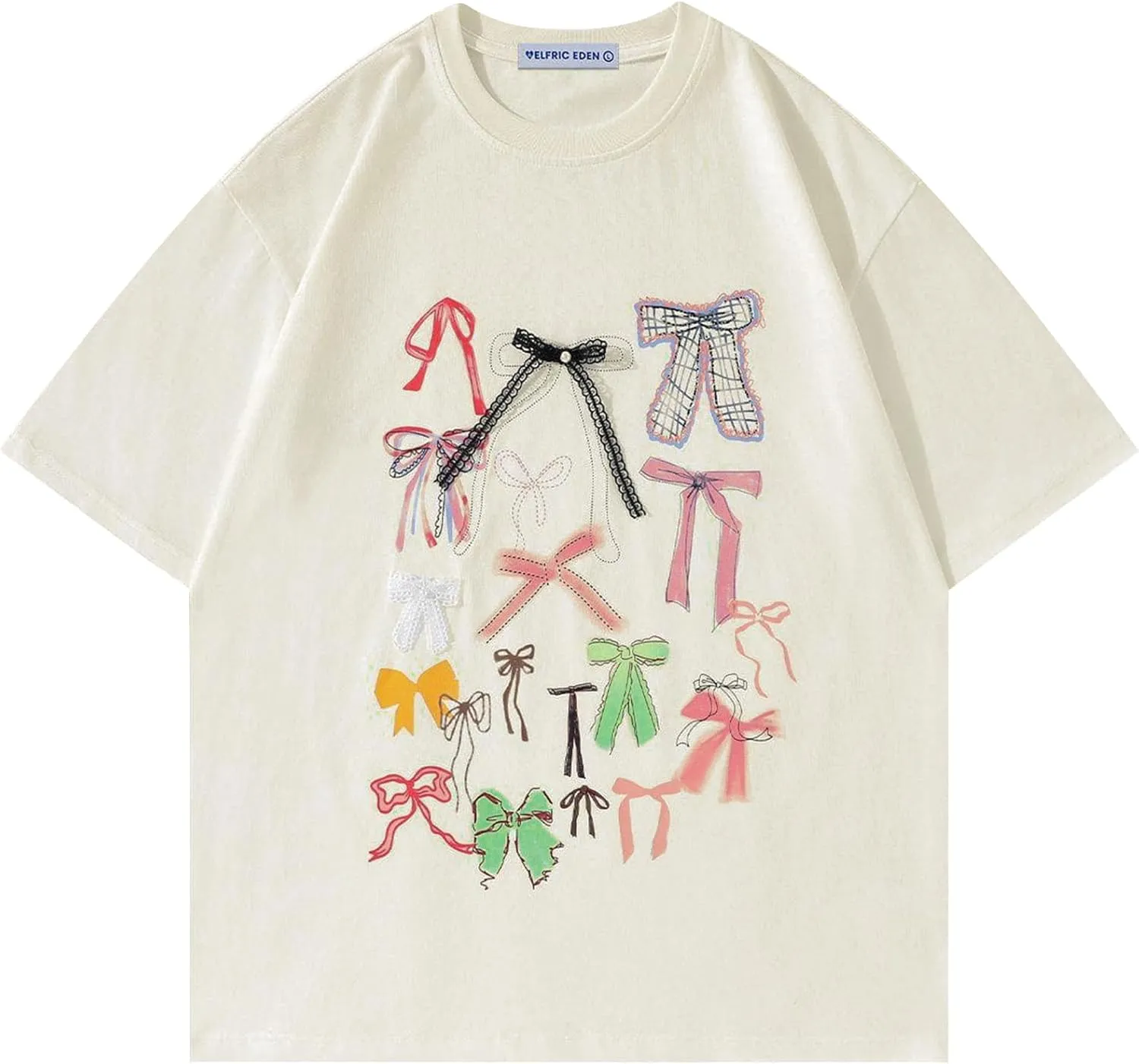 Aelfric Eden Bow Shirt for Women Oversized Graphic Tees Y2K Cute Print Short Sleeve T-Shirt Casual Summer Cotton Top