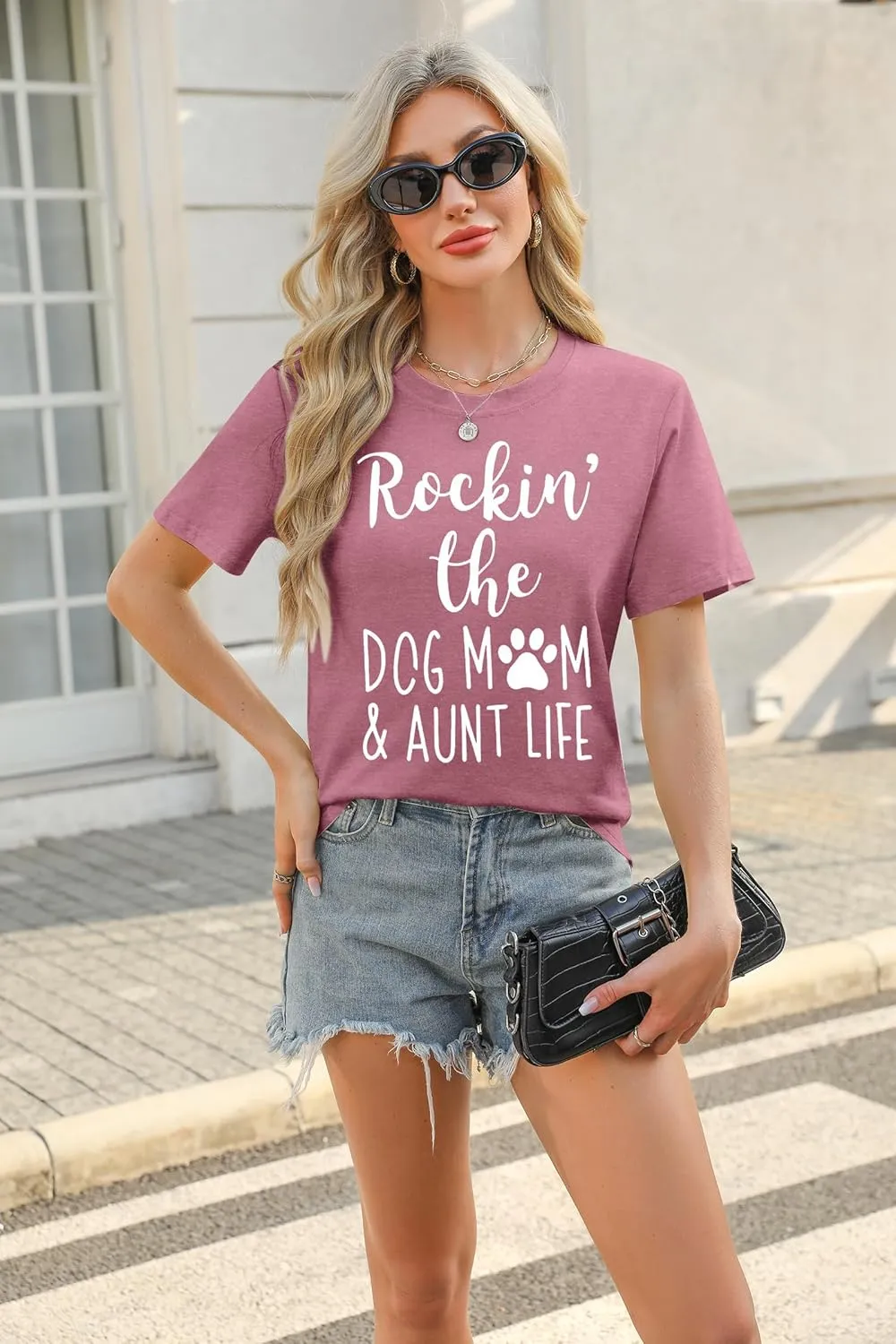 ALLTB Dog Mom Shirt Women Funny Dog Paw Graphic Shirt Rockin' The Dogs Mom Aunt Life Tshirt Dogs Lover Short Sleeve Tops