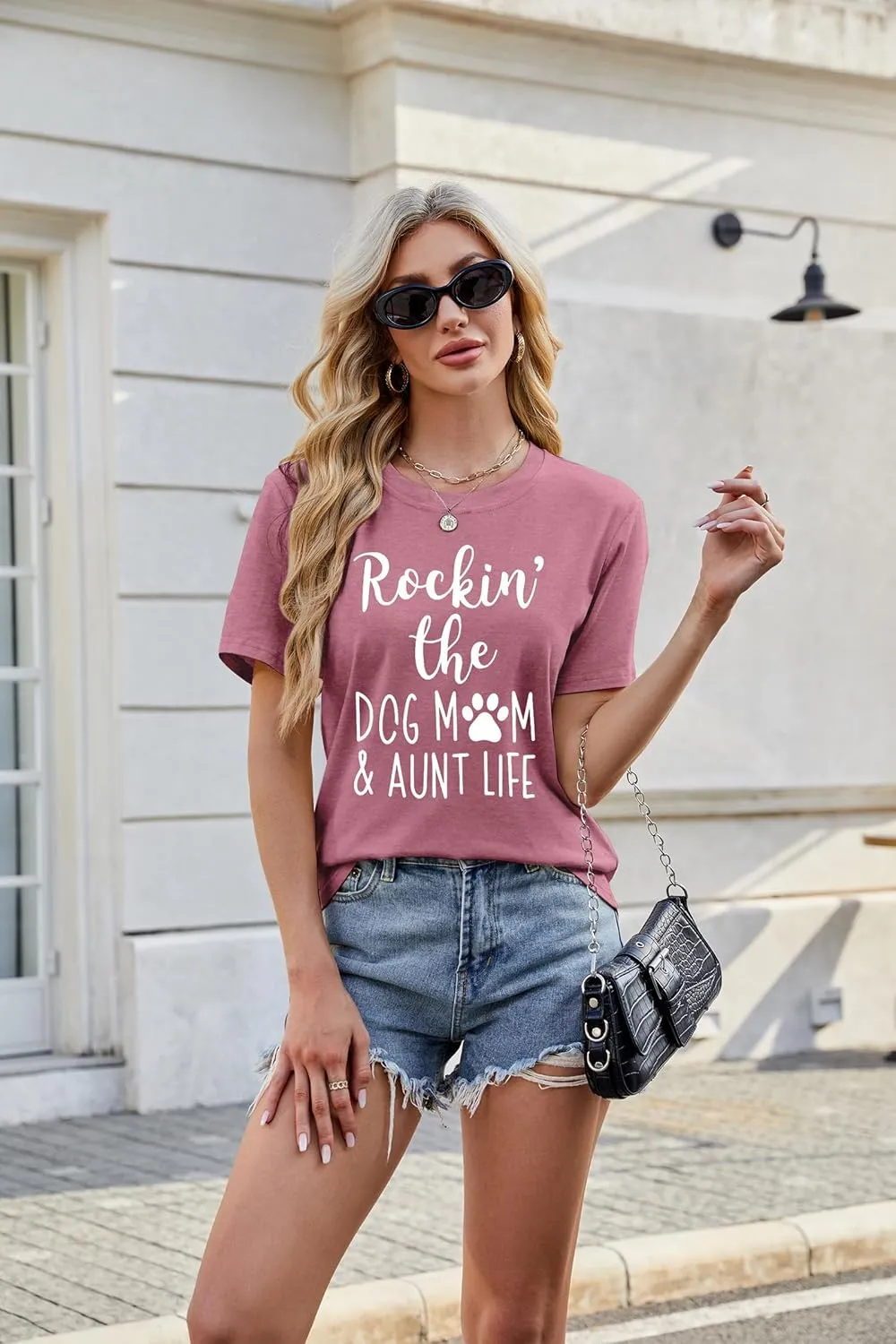 ALLTB Dog Mom Shirt Women Funny Dog Paw Graphic Shirt Rockin' The Dogs Mom Aunt Life Tshirt Dogs Lover Short Sleeve Tops