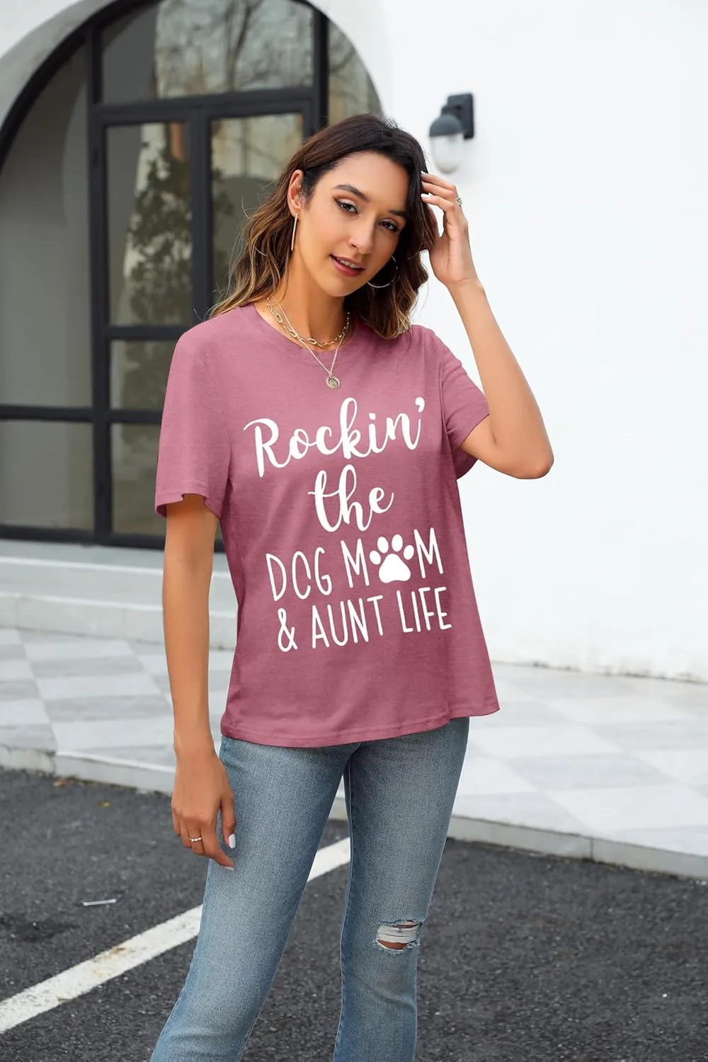 ALLTB Dog Mom Shirt Women Funny Dog Paw Graphic Shirt Rockin' The Dogs Mom Aunt Life Tshirt Dogs Lover Short Sleeve Tops