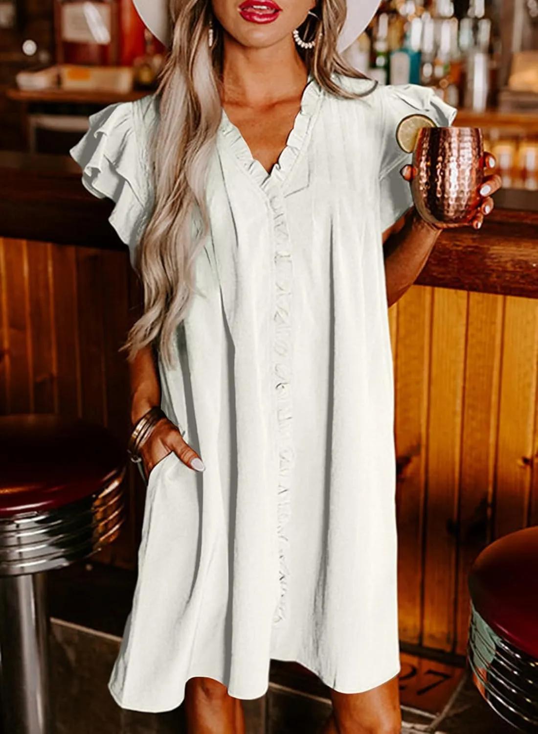 AlvaQ Womens Summer Dresses 2025 V Neck Ruffle Cap Short Sleeve Mini Dress Casual Flowy Pleated A Line Sundress with Pockets