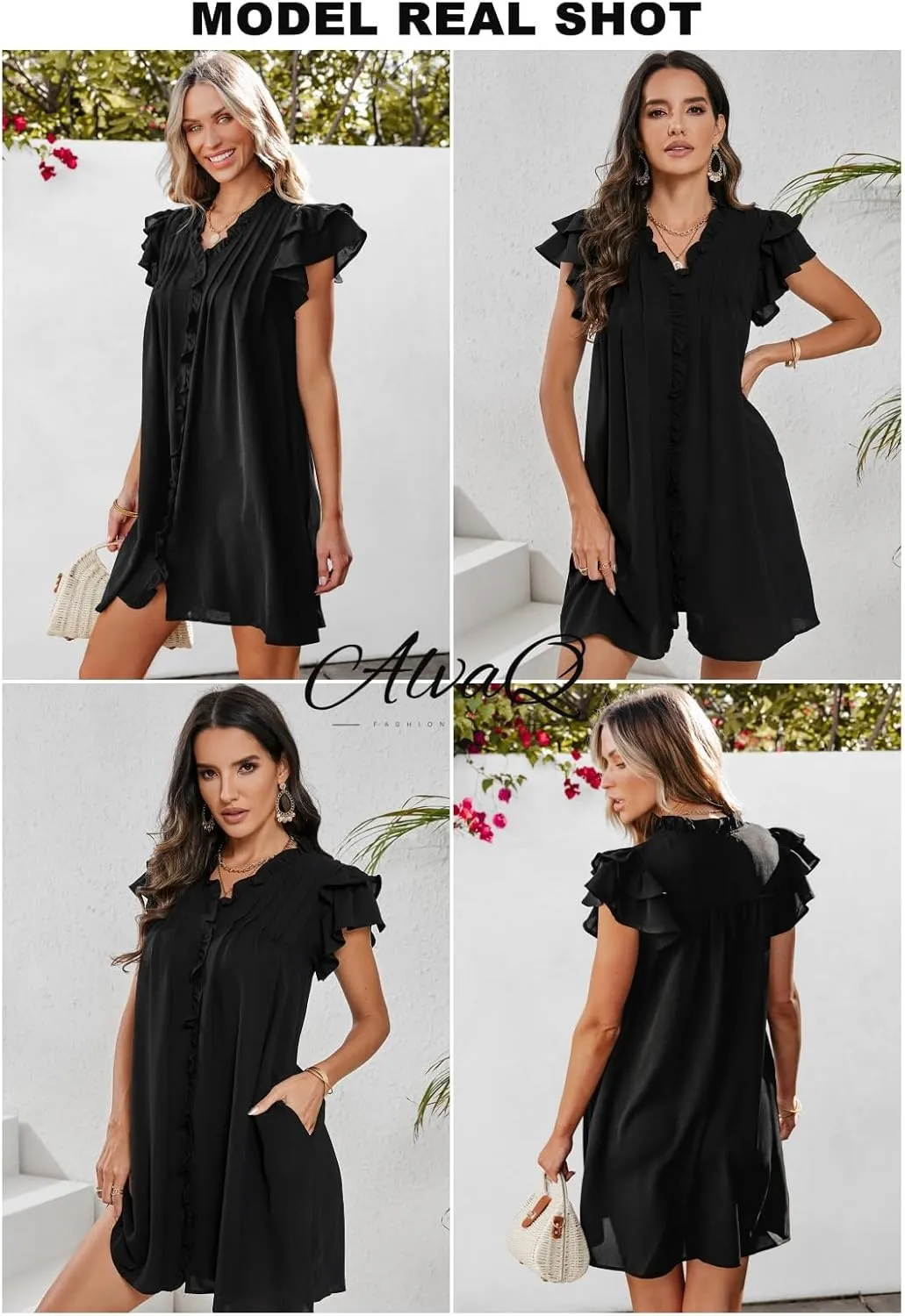 AlvaQ Womens Summer Dresses 2025 V Neck Ruffle Cap Short Sleeve Mini Dress Casual Flowy Pleated A Line Sundress with Pockets