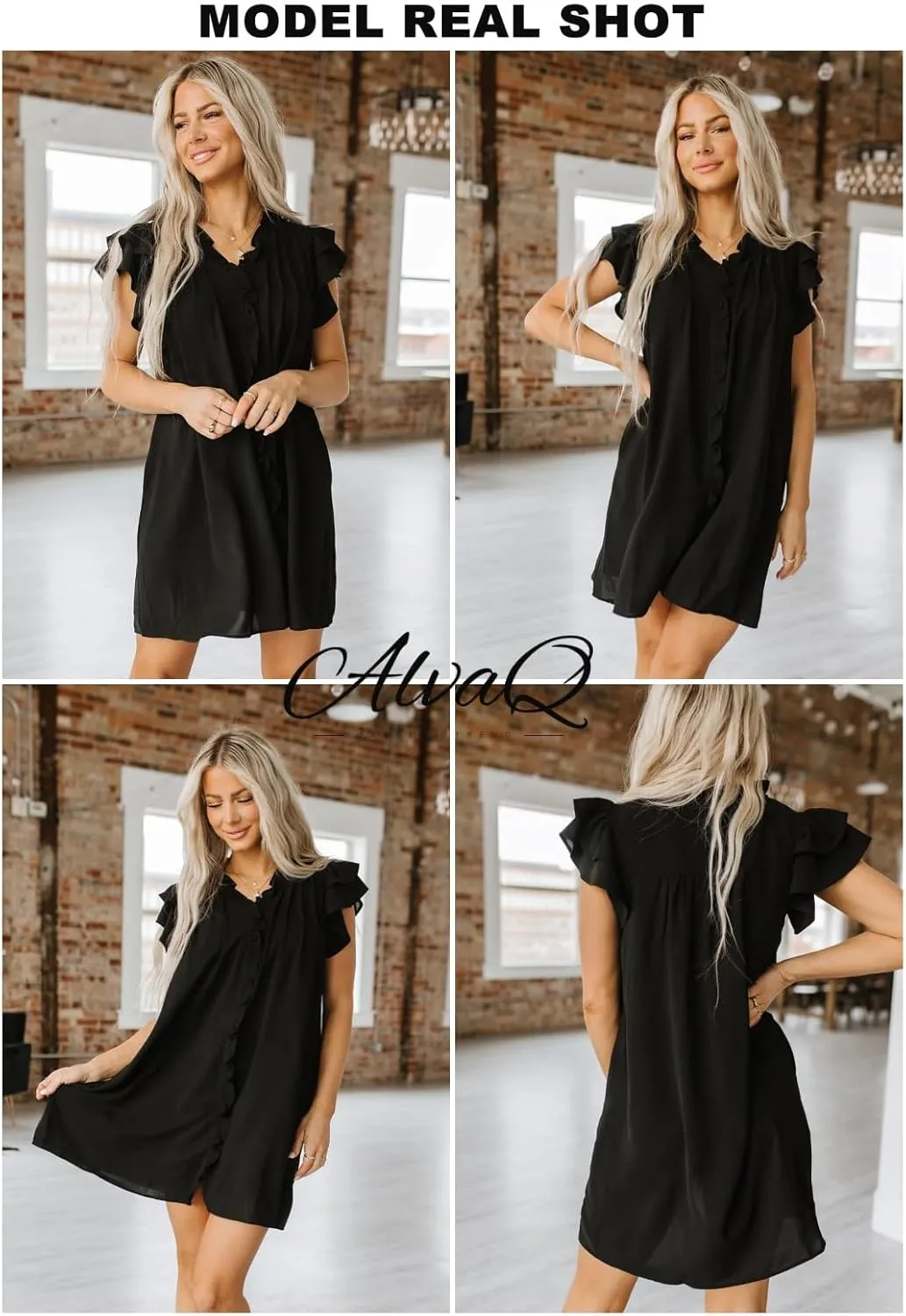 AlvaQ Womens Summer Dresses 2025 V Neck Ruffle Cap Short Sleeve Mini Dress Casual Flowy Pleated A Line Sundress with Pockets