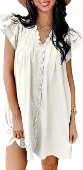 AlvaQ Womens Summer Dresses 2025 V Neck Ruffle Cap Short Sleeve Mini Dress Casual Flowy Pleated A Line Sundress with Pockets