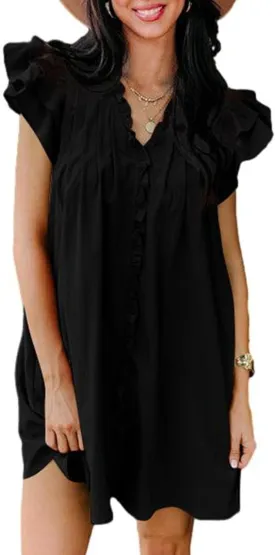 AlvaQ Womens Summer Dresses 2025 V Neck Ruffle Cap Short Sleeve Mini Dress Casual Flowy Pleated A Line Sundress with Pockets