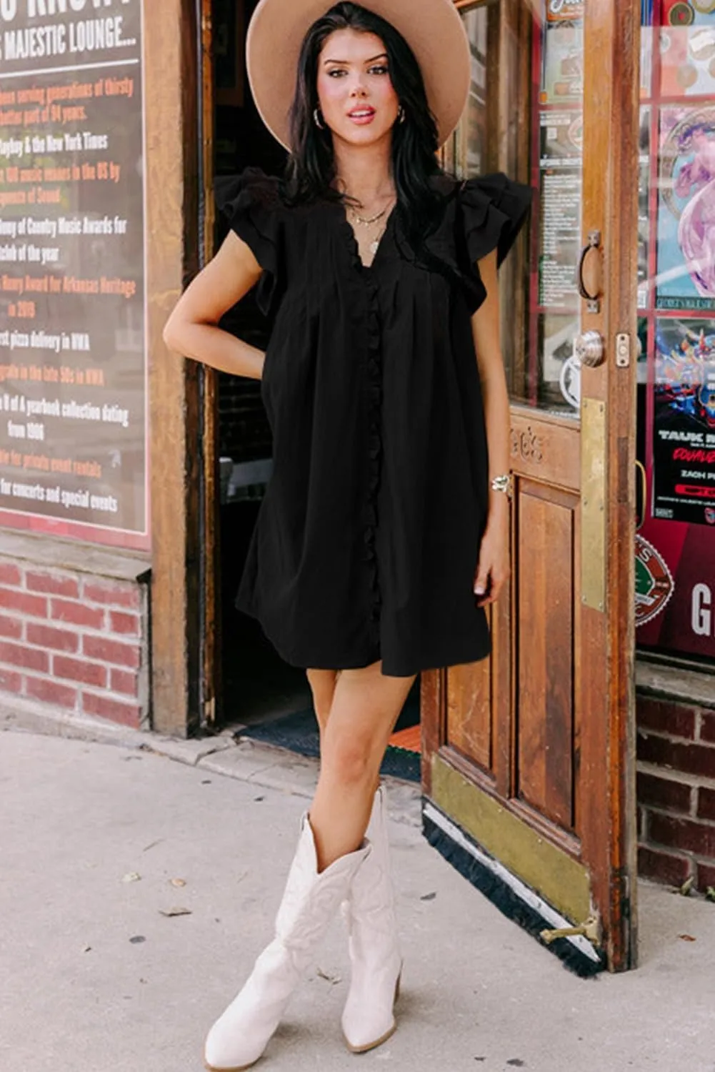 AlvaQ Womens Summer Dresses 2025 V Neck Ruffle Cap Short Sleeve Mini Dress Casual Flowy Pleated A Line Sundress with Pockets