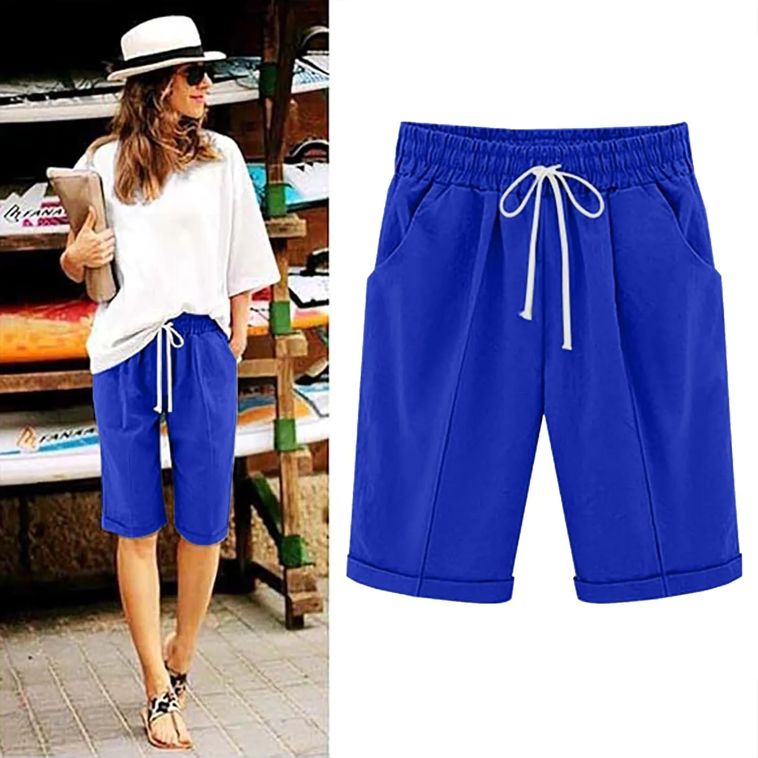 Bermuda Shorts for Women Knee Length Summer Casual Beach Elastic Waist Drawstring Comfy Trendy Long Cotton Linen Shorts
