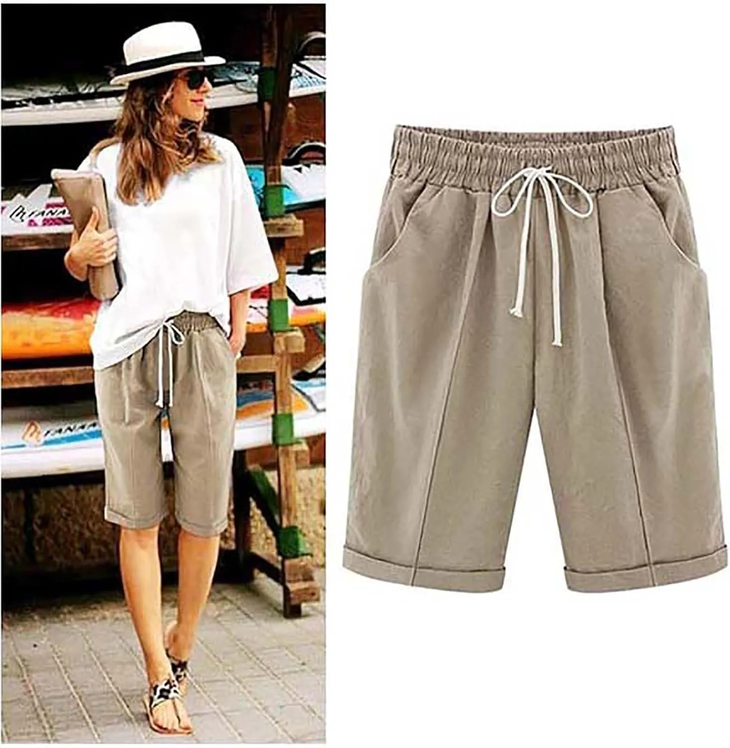 Bermuda Shorts for Women Knee Length Summer Casual Beach Elastic Waist Drawstring Comfy Trendy Long Cotton Linen Shorts
