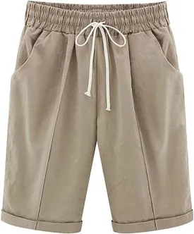 Bermuda Shorts for Women Knee Length Summer Casual Beach Elastic Waist Drawstring Comfy Trendy Long Cotton Linen Shorts