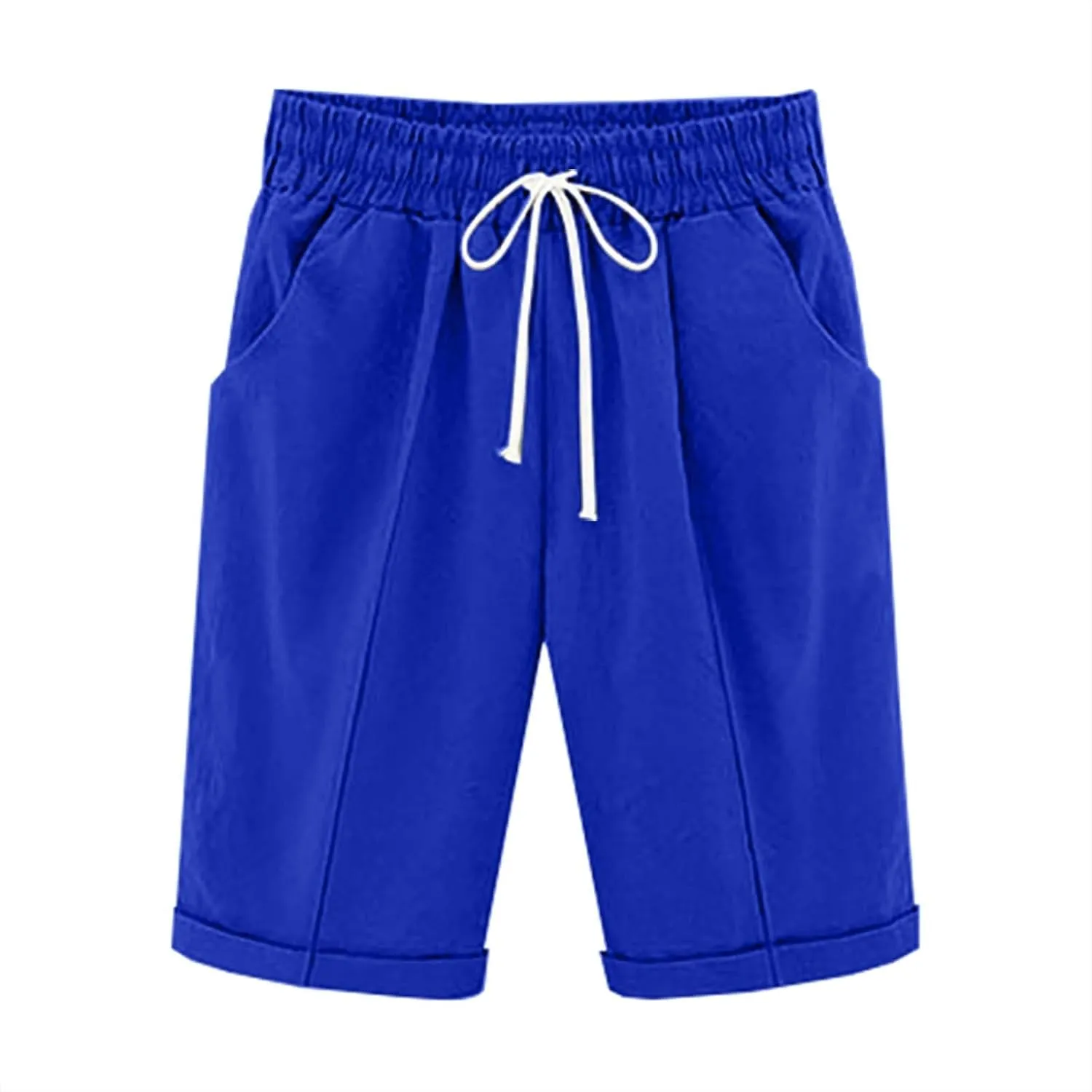 Bermuda Shorts for Women Knee Length Summer Casual Beach Elastic Waist Drawstring Comfy Trendy Long Cotton Linen Shorts