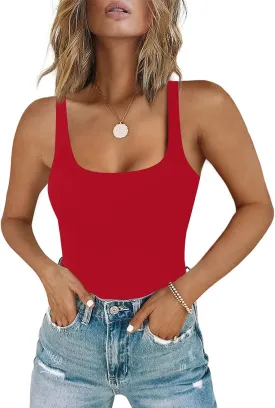 Chunpin Women's Square Neck Sleeveless Bodysuit Double Lined Tops Thong Bodysuit