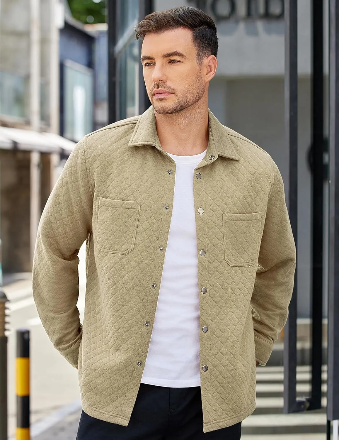 COOFANDY Mens Shacket Long Sleeve Shirt Jacket with Pockets Lightweight Quilted Overshirt