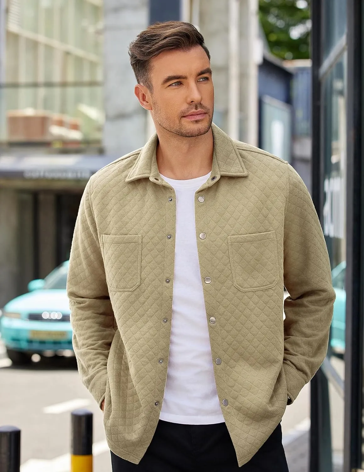 COOFANDY Mens Shacket Long Sleeve Shirt Jacket with Pockets Lightweight Quilted Overshirt