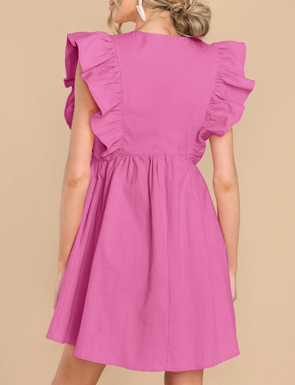 FANCYINN Women's Summer Casual Babydoll Mini Dress Ruffle Sleeveless Deep V Neck High Waist Swing Tunic Dress with Pockets