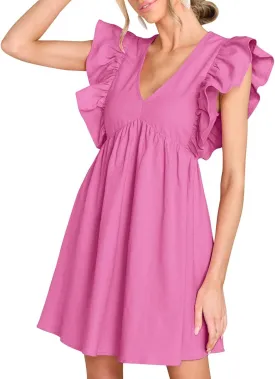 FANCYINN Women's Summer Casual Babydoll Mini Dress Ruffle Sleeveless Deep V Neck High Waist Swing Tunic Dress with Pockets