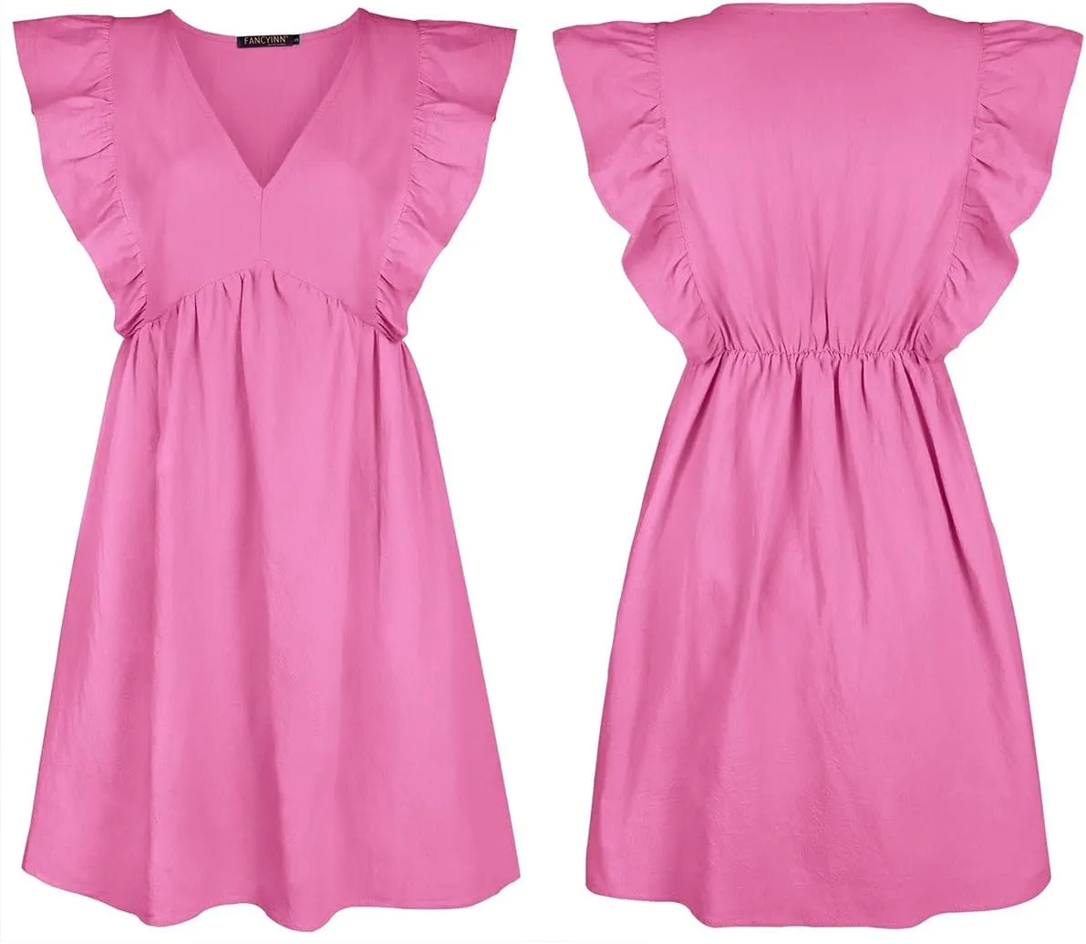 FANCYINN Women's Summer Casual Babydoll Mini Dress Ruffle Sleeveless Deep V Neck High Waist Swing Tunic Dress with Pockets
