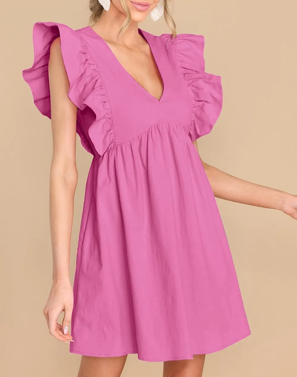 FANCYINN Women's Summer Casual Babydoll Mini Dress Ruffle Sleeveless Deep V Neck High Waist Swing Tunic Dress with Pockets