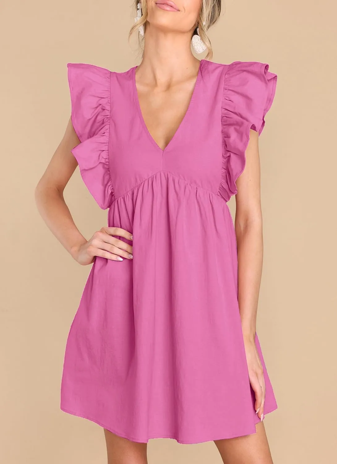 FANCYINN Women's Summer Casual Babydoll Mini Dress Ruffle Sleeveless Deep V Neck High Waist Swing Tunic Dress with Pockets