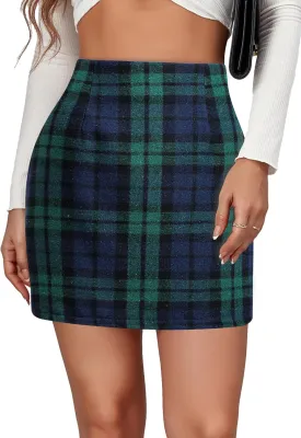 FEOYA Womens Wool Plaid Skirts High Waist Bodycon Pencil Mini Skirts Casual Slim Fit Hip Skirt for Winter Fall