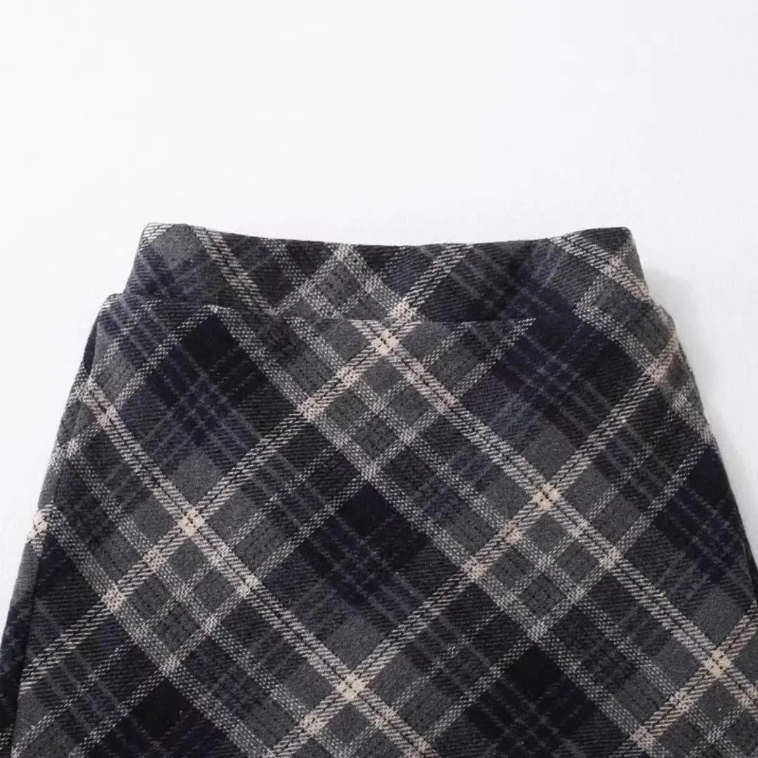 Girls Wool Plaid Mini Skirt Fall Winter High Waisted Bodycon Pencil Uniform Skirts
