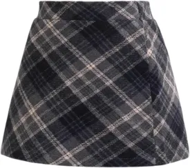 Girls Wool Plaid Mini Skirt Fall Winter High Waisted Bodycon Pencil Uniform Skirts