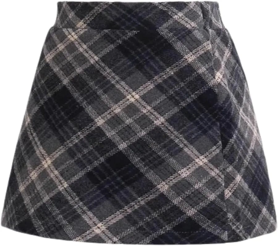 Girls Wool Plaid Mini Skirt Fall Winter High Waisted Bodycon Pencil Uniform Skirts