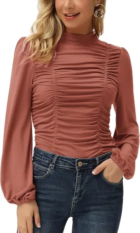 GRACE KARIN Womens Long Lantern Sleeve High-Neck Ruched Front Fitted Blouse