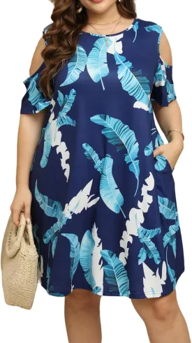 HBEYYTO Women Plus Size Dresses Cold Shoulder Short Sleeve Casual Loose T-Shirt Swing Dress with Pockets