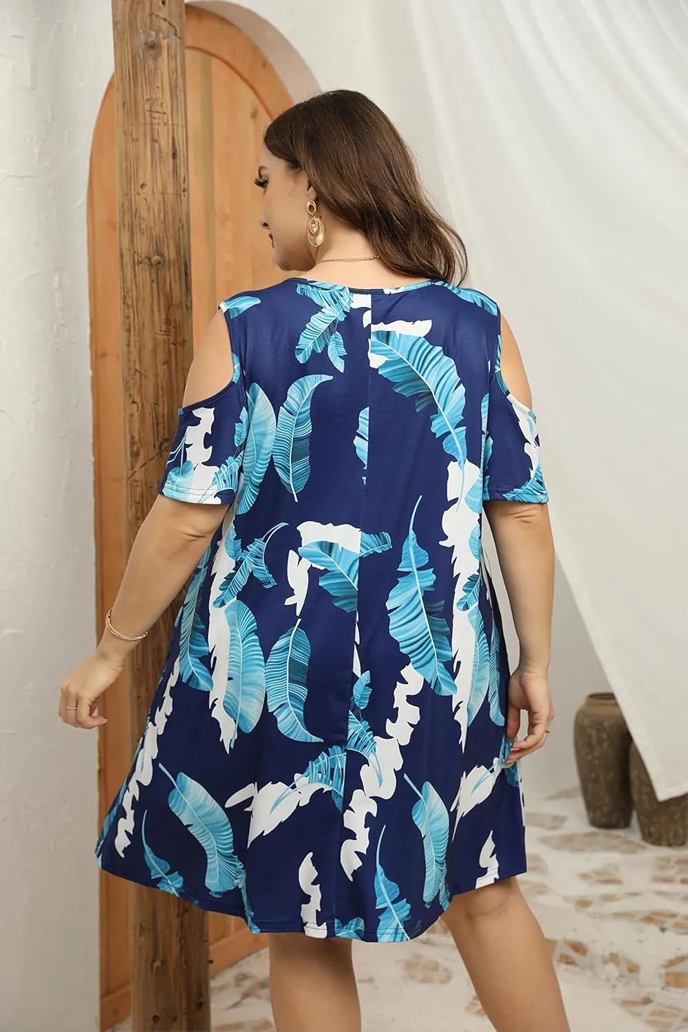 HBEYYTO Women Plus Size Dresses Cold Shoulder Short Sleeve Casual Loose T-Shirt Swing Dress with Pockets