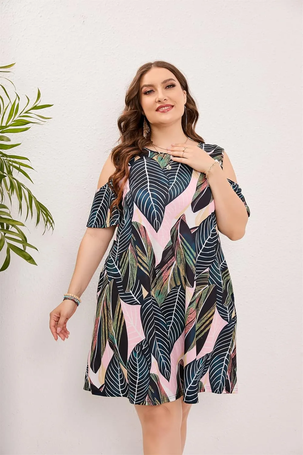 HBEYYTO Women Plus Size Dresses Cold Shoulder Short Sleeve Casual Loose T-Shirt Swing Dress with Pockets
