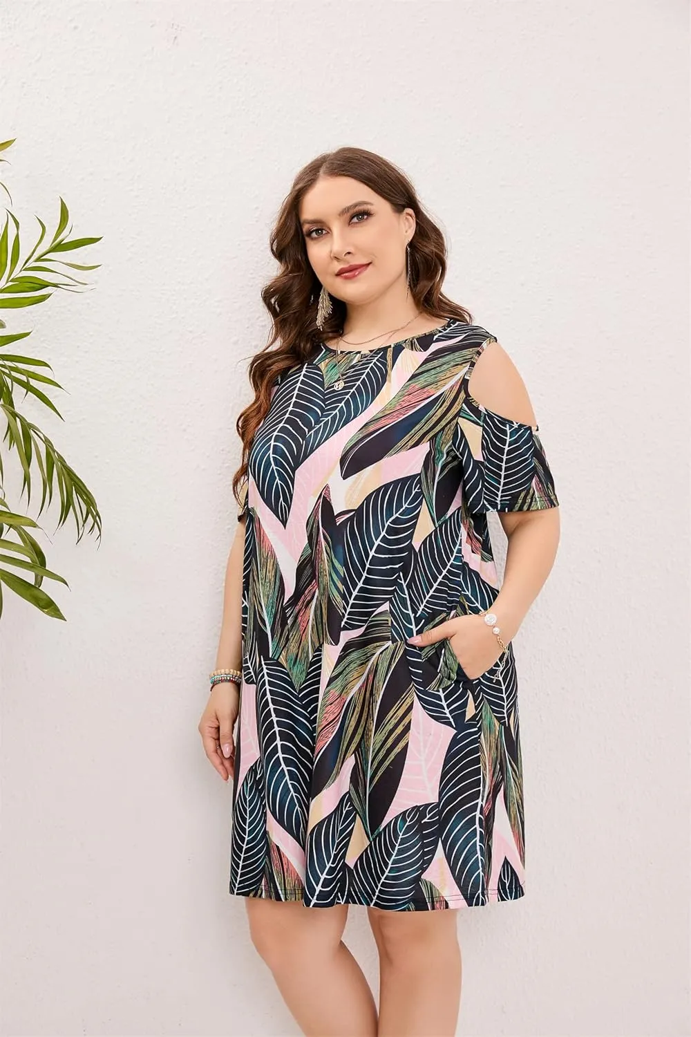 HBEYYTO Women Plus Size Dresses Cold Shoulder Short Sleeve Casual Loose T-Shirt Swing Dress with Pockets