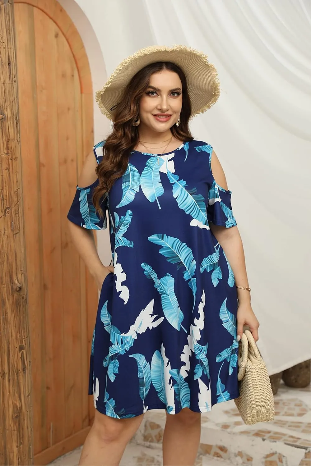 HBEYYTO Women Plus Size Dresses Cold Shoulder Short Sleeve Casual Loose T-Shirt Swing Dress with Pockets