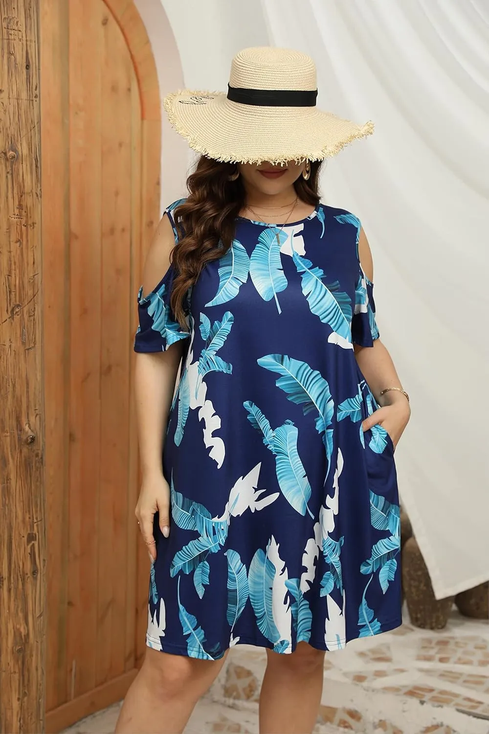 HBEYYTO Women Plus Size Dresses Cold Shoulder Short Sleeve Casual Loose T-Shirt Swing Dress with Pockets