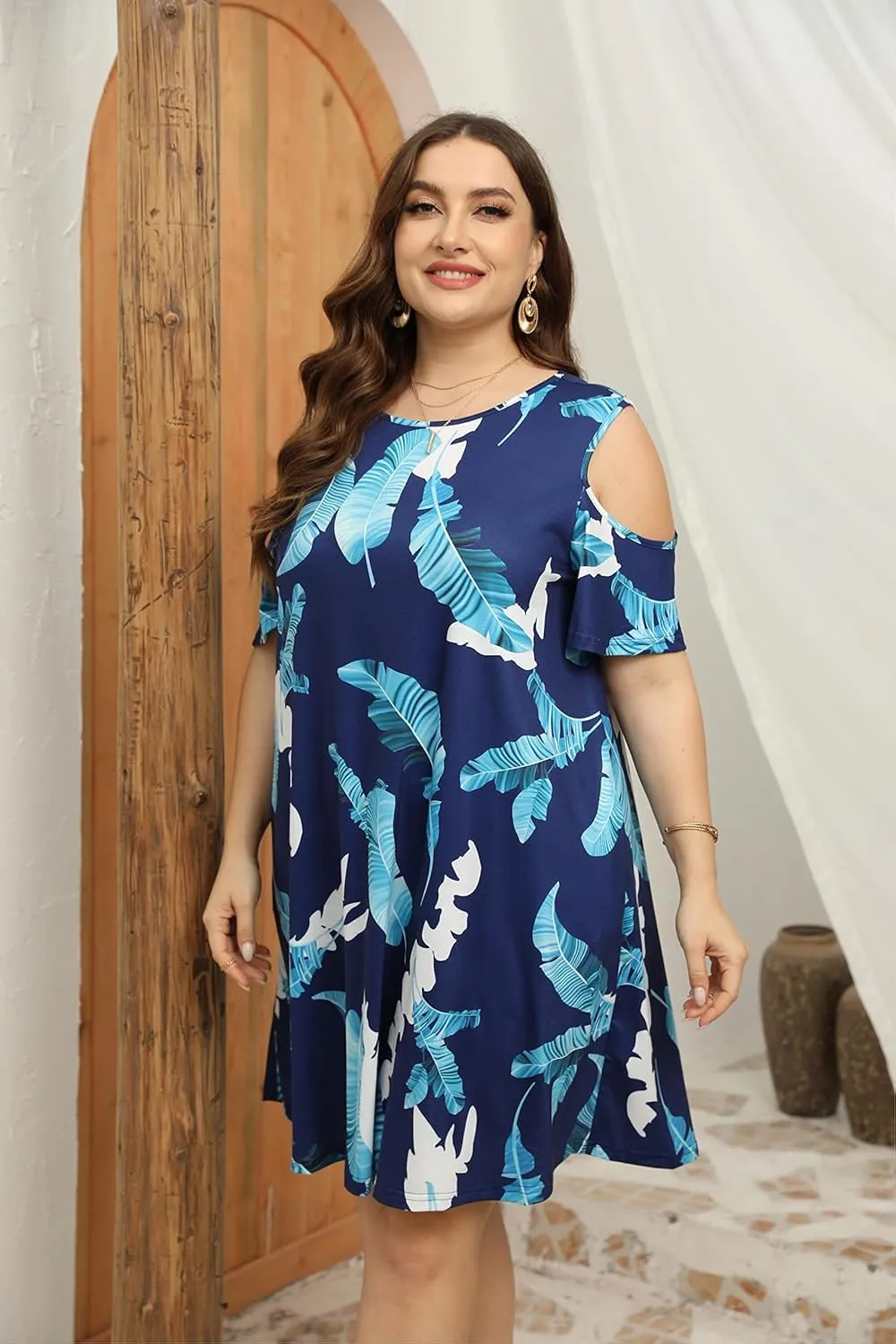 HBEYYTO Women Plus Size Dresses Cold Shoulder Short Sleeve Casual Loose T-Shirt Swing Dress with Pockets