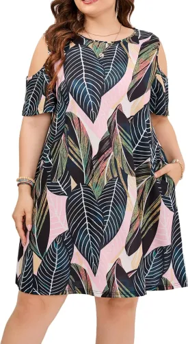 HBEYYTO Women Plus Size Dresses Cold Shoulder Short Sleeve Casual Loose T-Shirt Swing Dress with Pockets
