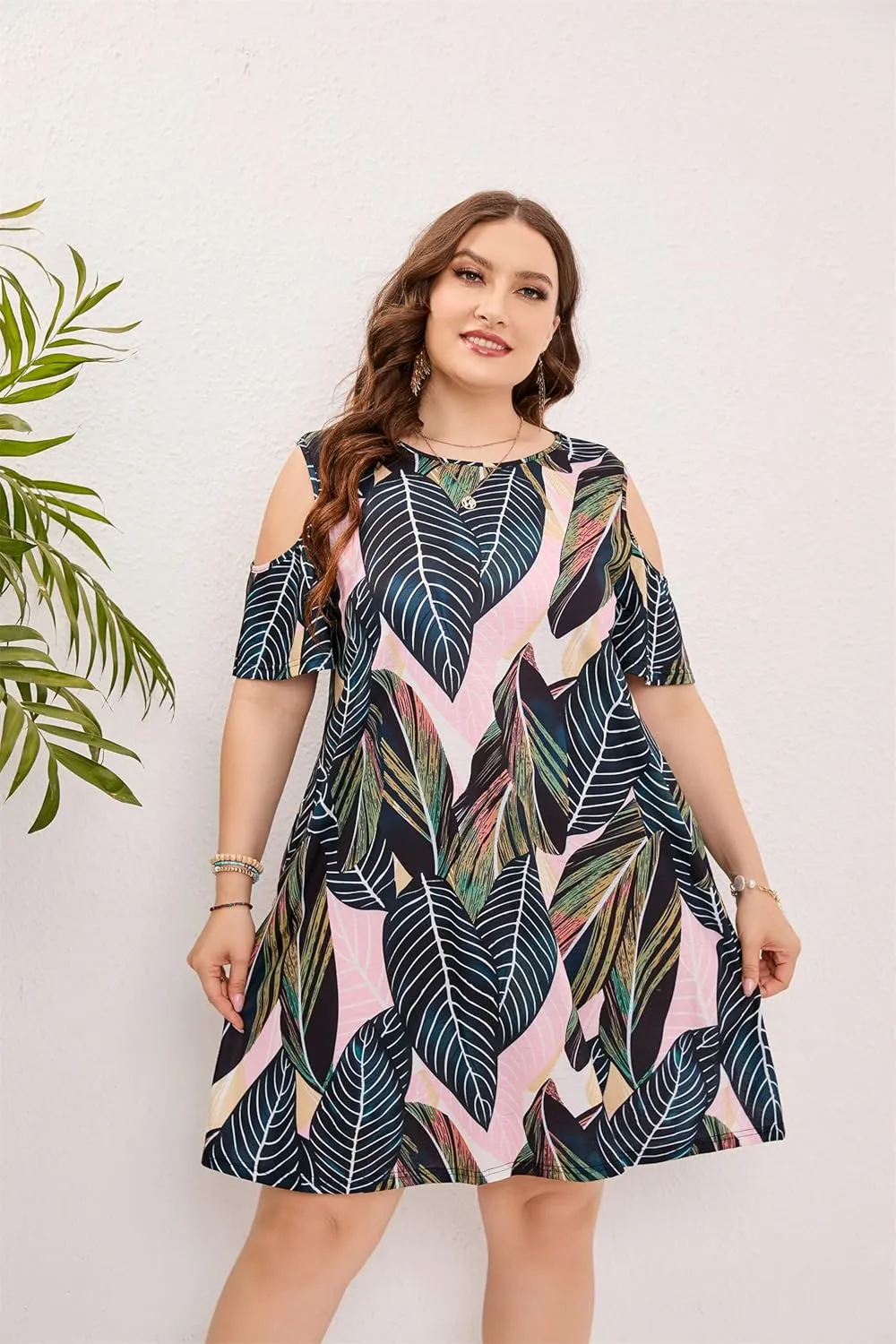HBEYYTO Women Plus Size Dresses Cold Shoulder Short Sleeve Casual Loose T-Shirt Swing Dress with Pockets