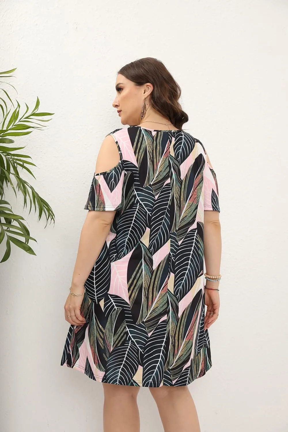 HBEYYTO Women Plus Size Dresses Cold Shoulder Short Sleeve Casual Loose T-Shirt Swing Dress with Pockets