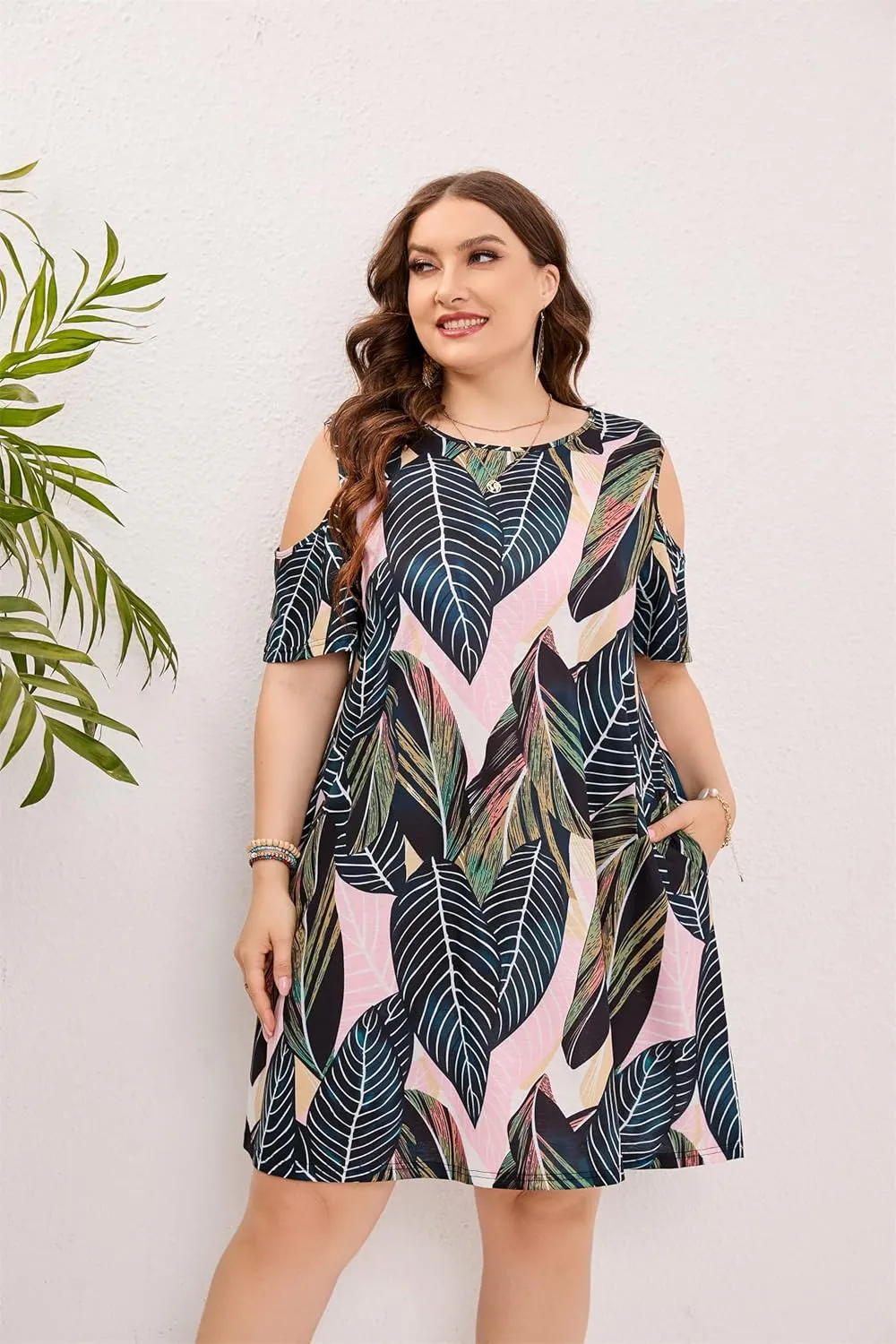 HBEYYTO Women Plus Size Dresses Cold Shoulder Short Sleeve Casual Loose T-Shirt Swing Dress with Pockets