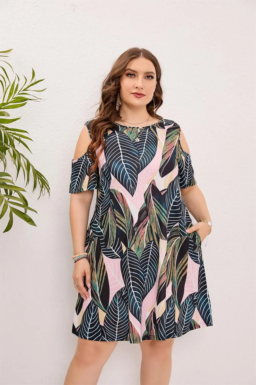 HBEYYTO Women Plus Size Dresses Cold Shoulder Short Sleeve Casual Loose T-Shirt Swing Dress with Pockets