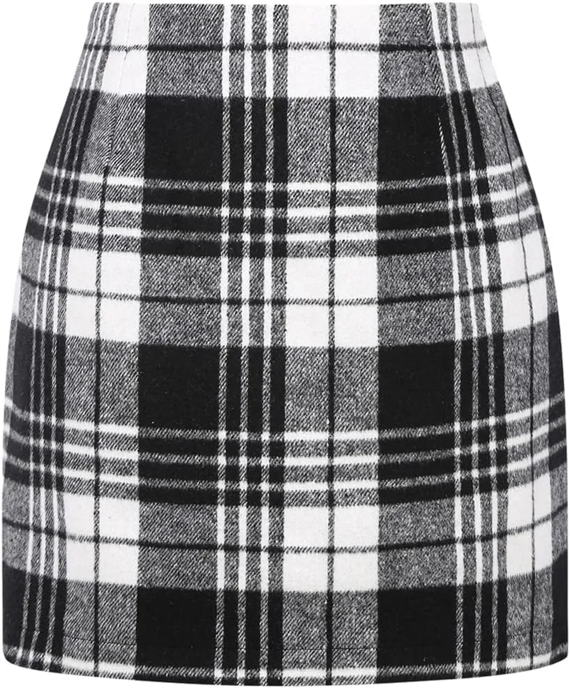 IDEALSANXUN Womens High Waist Plaid Skirt Bodycon Pencil Wool Mini Skirts