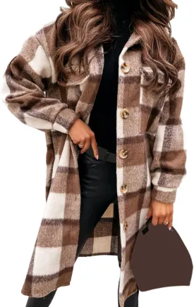 Kissonic Women's Casual Wool Blend Long Plaid Shirt Coat Button Up Pocketed Shacket Jacket (Brown, Small)