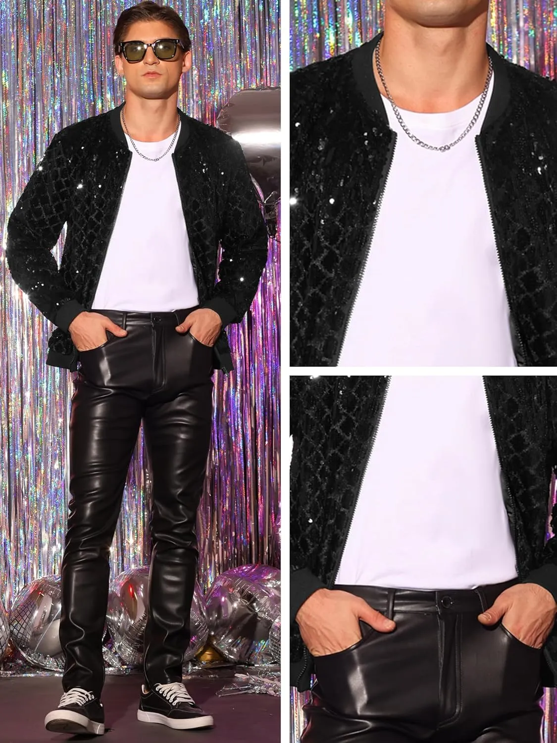 Lars Amadeus Argyle Sequin Bomber Jacket for Men's Party Club Shiny Baseball Varsity Jacket