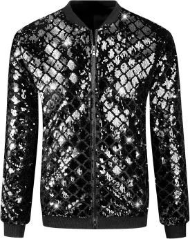 Lars Amadeus Argyle Sequin Bomber Jacket for Men's Party Club Shiny Baseball Varsity Jacket