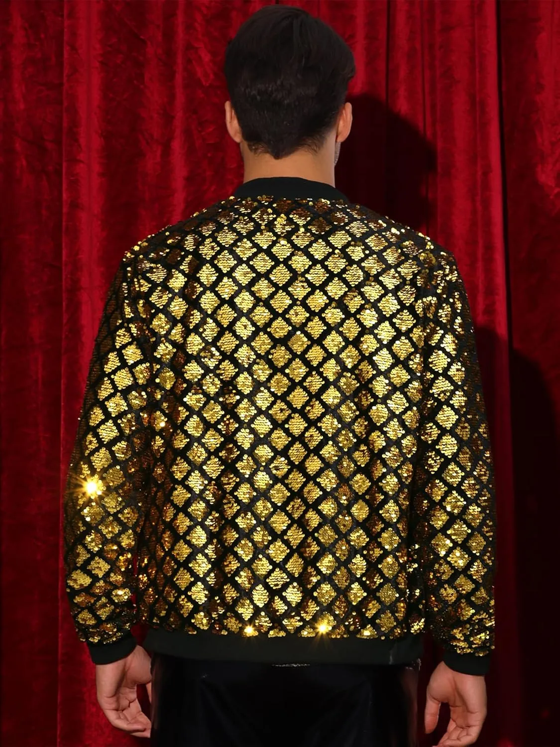 Lars Amadeus Argyle Sequin Bomber Jacket for Men's Party Club Shiny Baseball Varsity Jacket