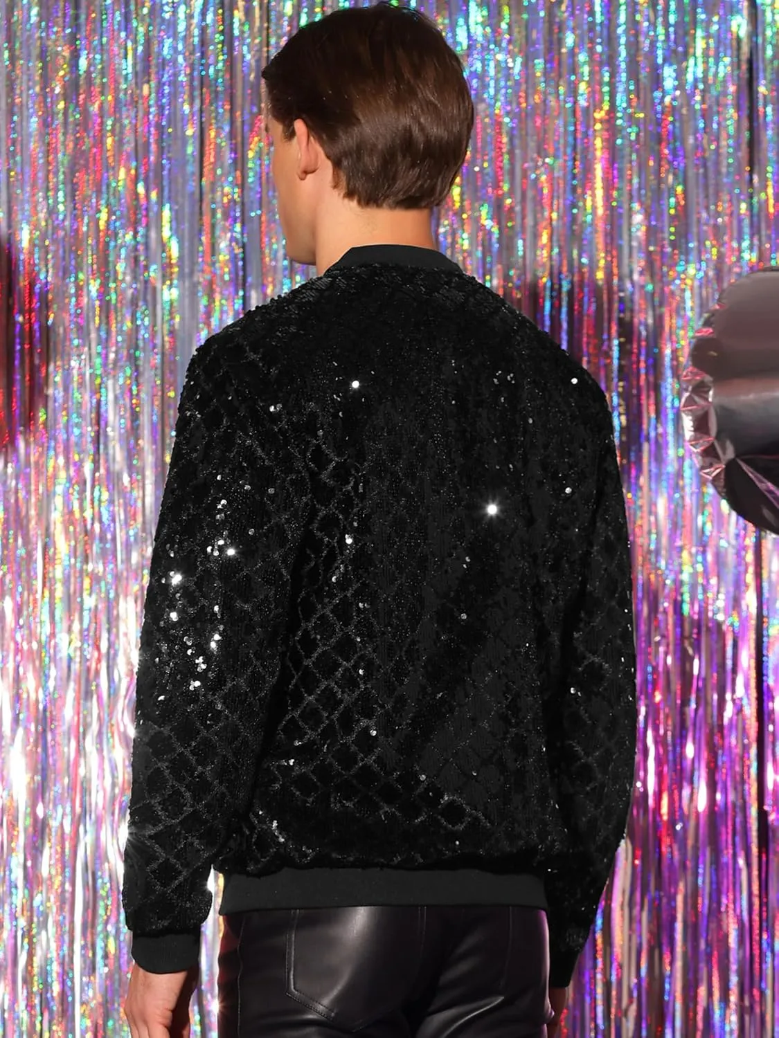 Lars Amadeus Argyle Sequin Bomber Jacket for Men's Party Club Shiny Baseball Varsity Jacket