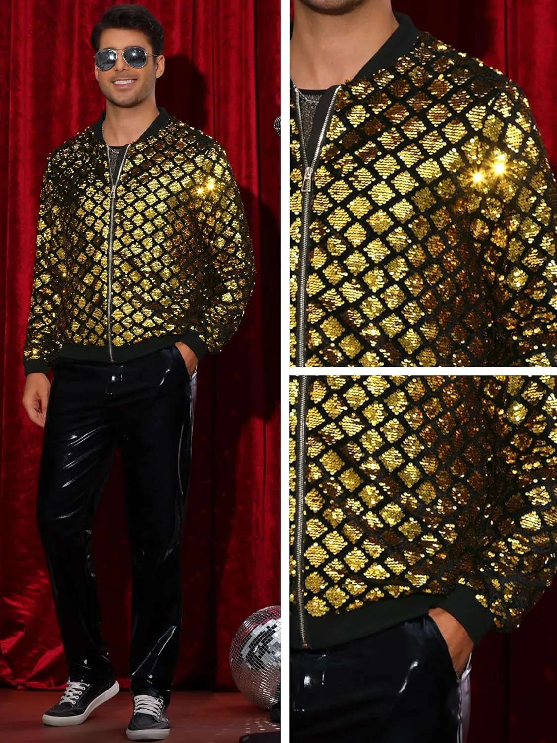 Lars Amadeus Argyle Sequin Bomber Jacket for Men's Party Club Shiny Baseball Varsity Jacket