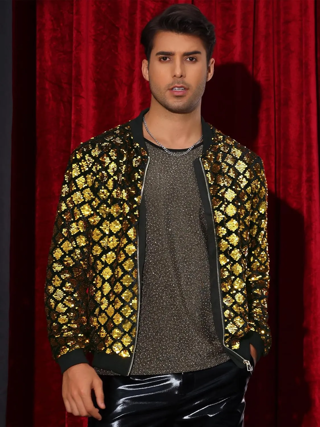 Lars Amadeus Argyle Sequin Bomber Jacket for Men's Party Club Shiny Baseball Varsity Jacket