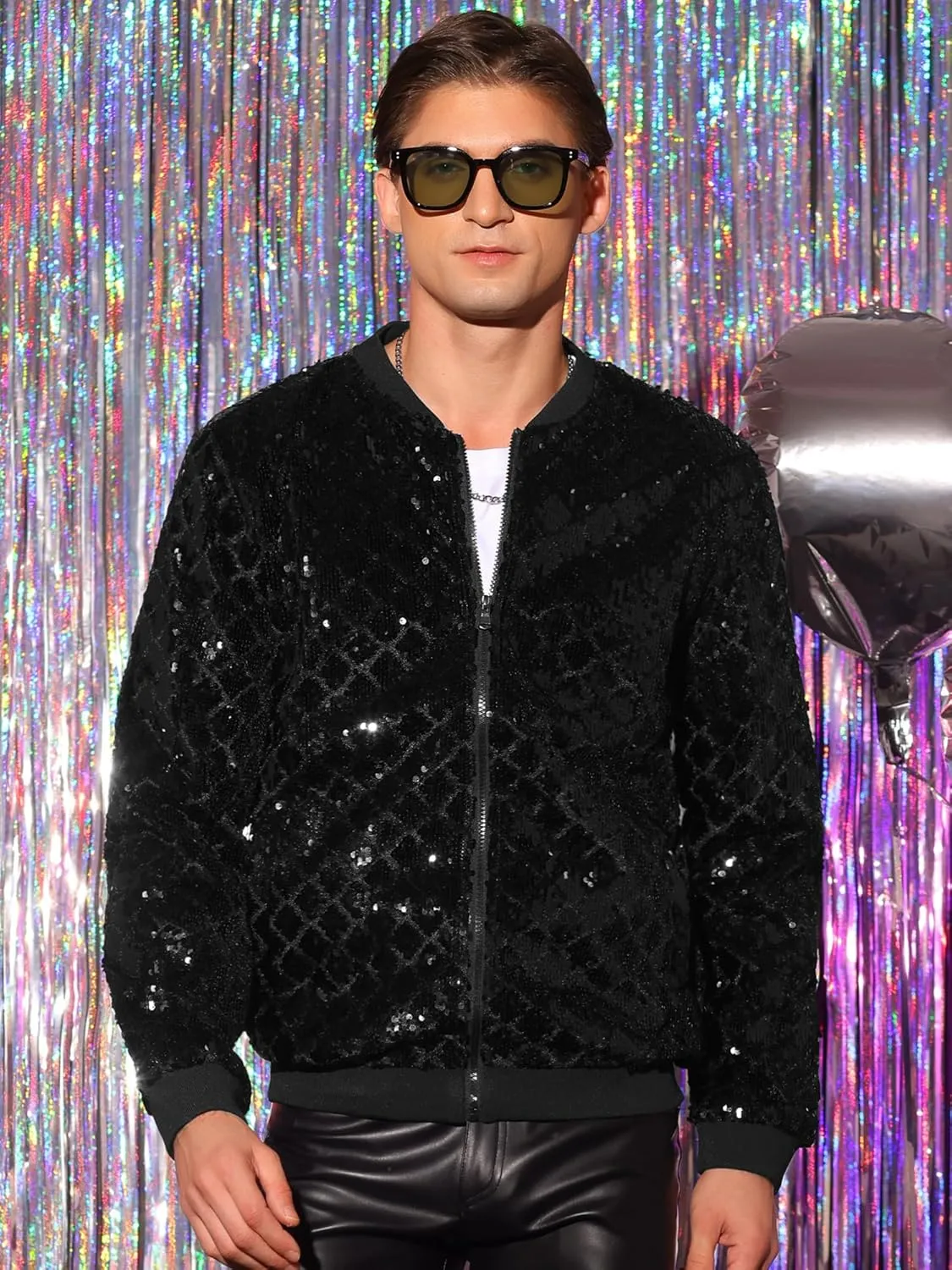 Lars Amadeus Argyle Sequin Bomber Jacket for Men's Party Club Shiny Baseball Varsity Jacket