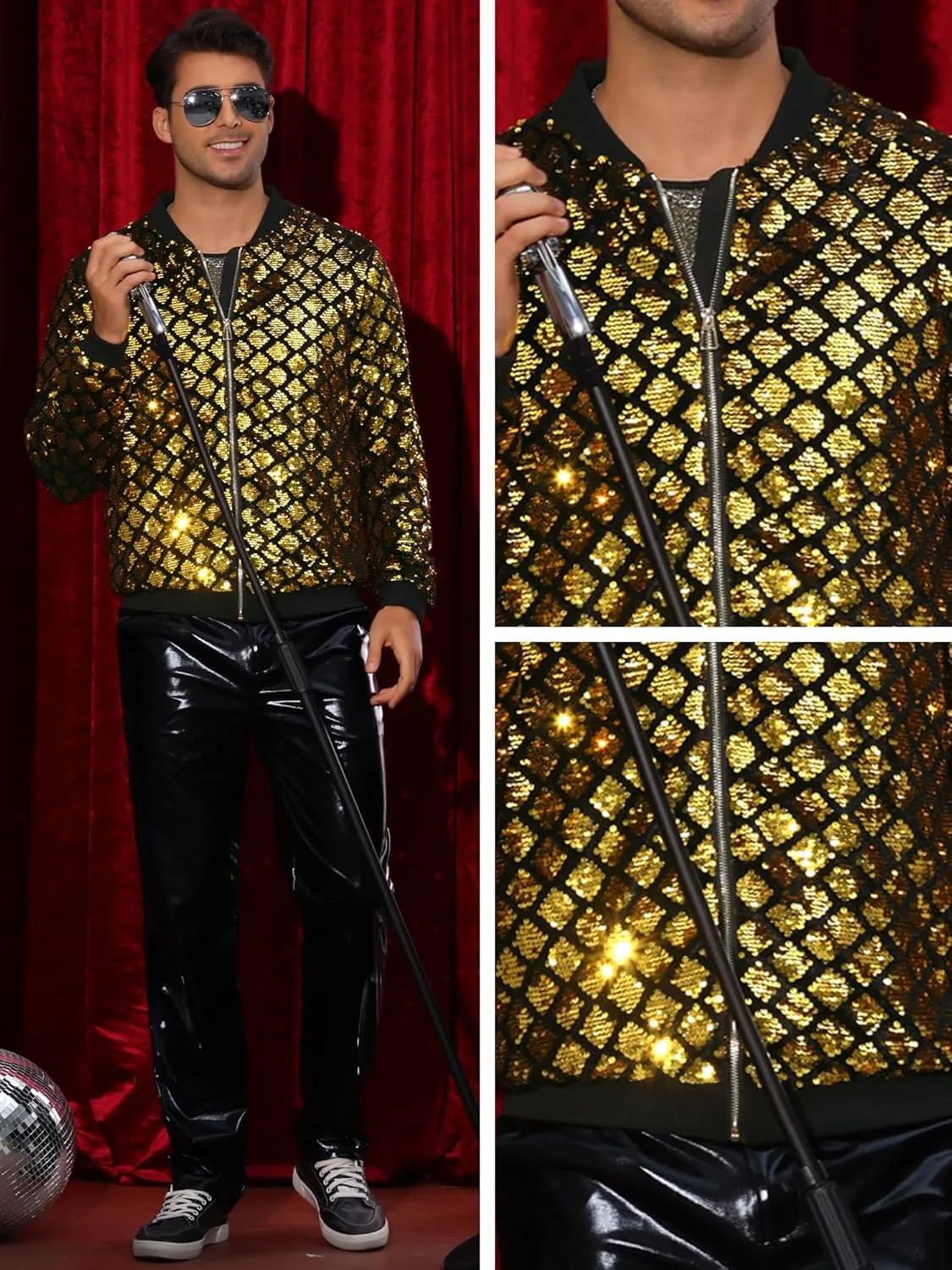Lars Amadeus Argyle Sequin Bomber Jacket for Men's Party Club Shiny Baseball Varsity Jacket
